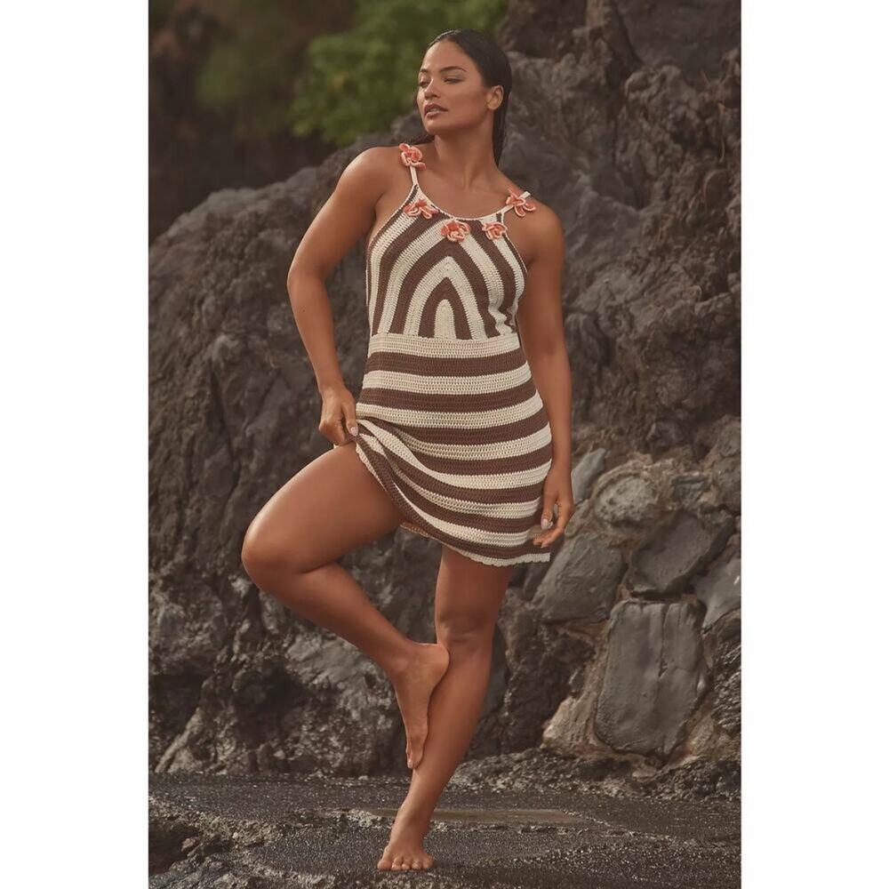 Anthropologie Celandine Striped Crocheted Halter Mini Dress - size 1X